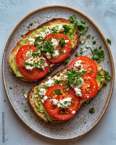 Freshly Prepared Avocado Toast Topped With Tomatoes and Feta Cheese on a Neut...