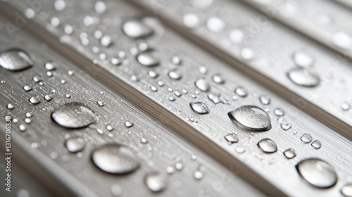Close-up view of metal sheets adorned with clear water droplets, showcasing a unique texture and reflections, illuminated by soft natural light