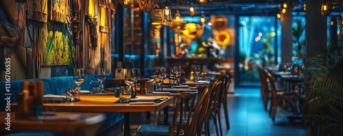 Upscale restaurant interior with wooden tables, blue booths, and vibrant artwork. Dim lighting creates a warm, inviting atmosphere.