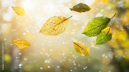 Falling Autumn Leaves With Yellow And Green Colors Soft Focus Background