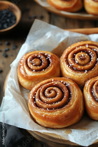 Delicious Cinnamon Rolls Topped With Glaze and Spices on a Rustic Wooden Table