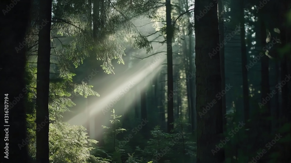 Obraz premium Sunlight filters through tall trees in a serene forest, evoking tranquility and natural harmony