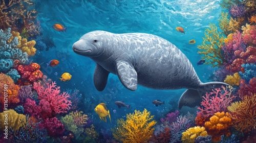 A serene image of a dugong swimming alongside a vibrant coral reef, with various marine creatures cohabiting, showcasing the beauty of underwater life.