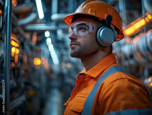 Engineer inspecting factory production line wearing professional noise-canceling earmuffs industrial workplace safety cinematic perspective