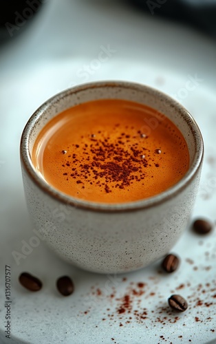 Savoring Aromatic Coffee Topped With Cocoa and Cinnamon on a Rustic Table