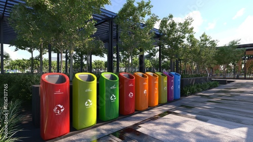 Wallpaper Mural A series of colorful recycling bins placed in a public space, promoting waste separation and recycling practices to reduce landfill waste and pollution. Torontodigital.ca