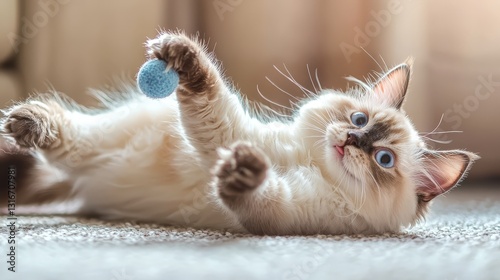 A Ragdoll cat playfully batting at a toy mouse, with an elegant home interior and natural light filling the space