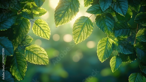 A sentimental nature image of green broadleaf tree leaves in a forest illuminated by bright sunlight.