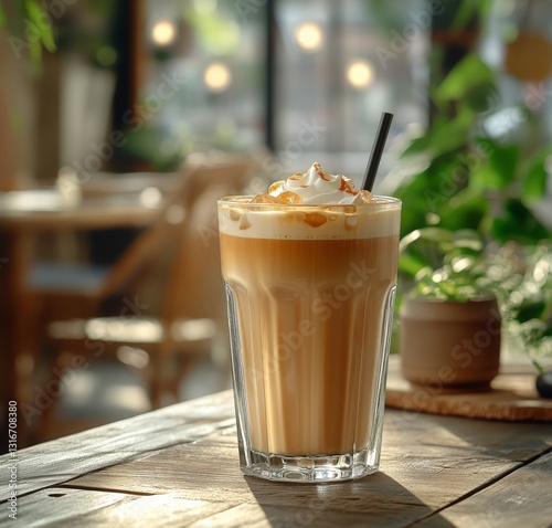 Delicious Iced Coffee Drink With Layers of Cream and Ice Served in a Glass