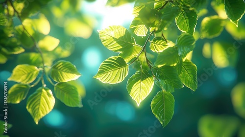 A sentimental natural image of green broadleaf tree leaves illuminated by bright sunlight in the middle of a blue sky.
