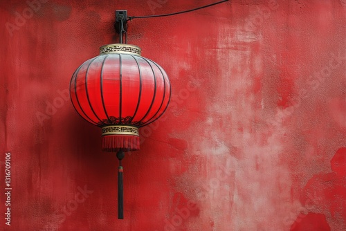 Bright Red Lantern Hangs Against a Textured Red Wall in an Urban Setting