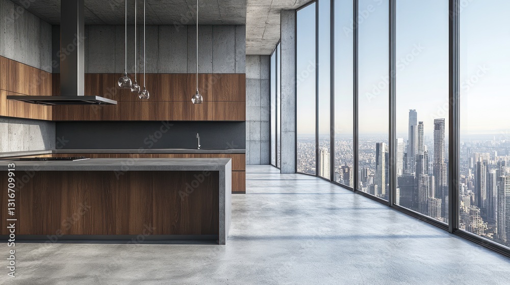 Obraz premium Modern kitchen with city view.