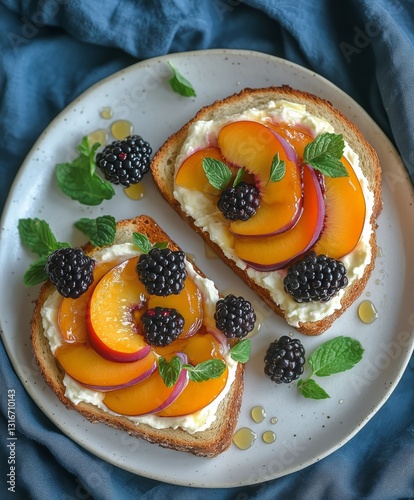 Delicious Toast Topped With Fresh Peaches, Blackberries, and Honey on a Blue ...