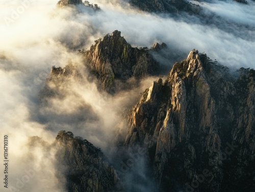 Mountain peaks above foggy landscape