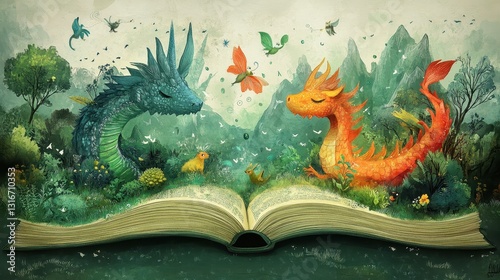 Two colorful dragons sharing a mystical story inside an open book