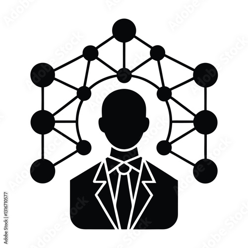 Silhouette of a man in a suit with a network structure above his head in black and white. Digital networks Graphic resource for design