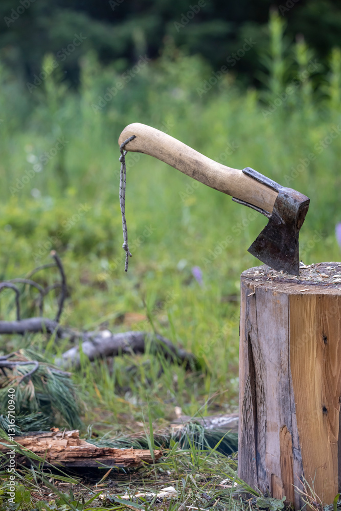 an axe in a log in a field with a forest in the background

