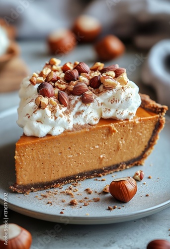 Delicious Pumpkin Pie Topped With Whipped Cream and Nuts on a Dark Gray Backdrop