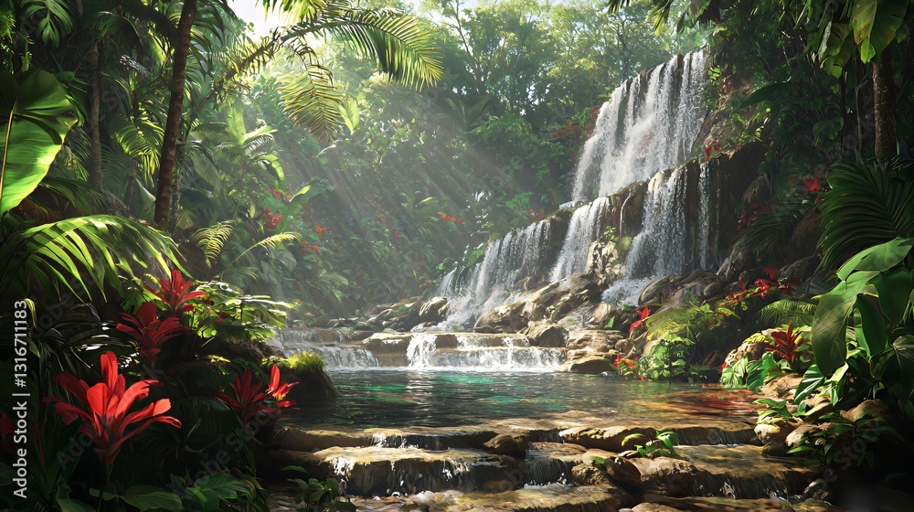 Fototapeta premium Lush Tropical Waterfall in a Sunlit Jungle