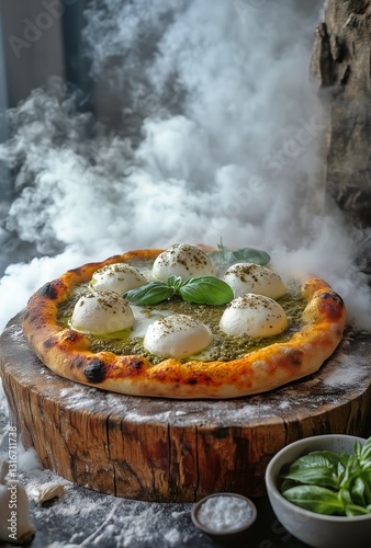 Pesto Pizza Topped With Fresh Basil and Mozzarella Cheese on a Wooden Board