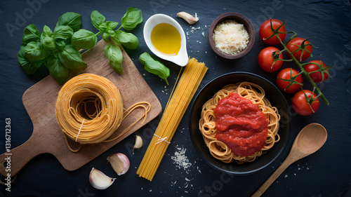 Wallpaper Mural Gluten-free Fresh ingredients for pasta preparation with tomatoes, basil, and garlic on a rustic table Torontodigital.ca