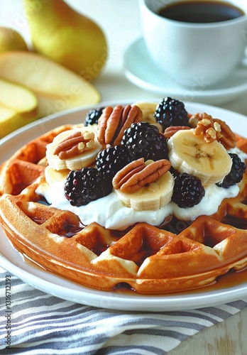 Delicious Waffle Topped With Blackberries, Bananas, and Nuts Served With Coff...