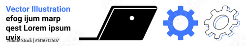 Laptop silhouette paired with two gear icons, symbolizing technology, productivity, and system management. Ideal for business solutions, IT services, workflow, innovation, and abstract line flat