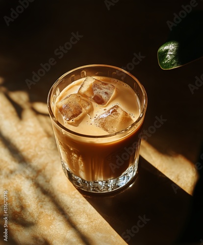 Cold Beverage With Ice Cubes Reflects Soft Shadows on Table