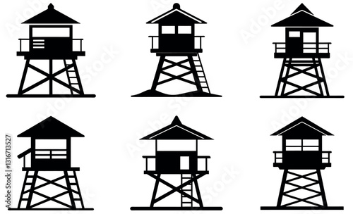 Collection of Simple Black Silhouette Forest Watchtowers design