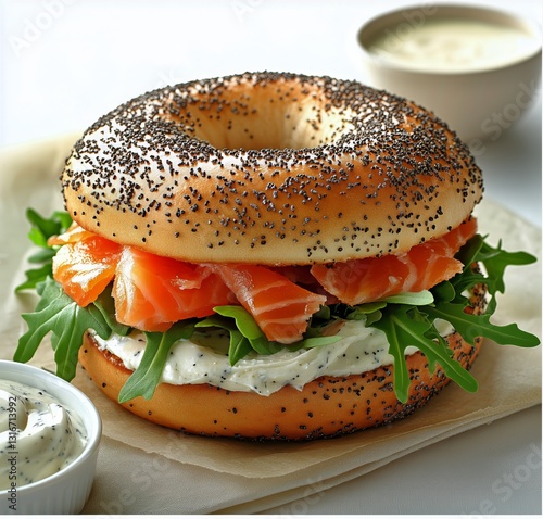 Delicious Bagel With Smoked Salmon, Cream Cheese, Arugula, and Dipping Sauce ...