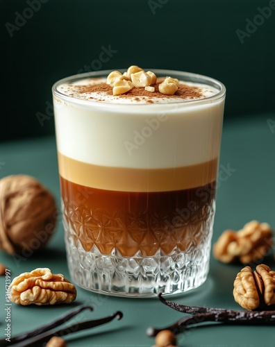 Delicious Layered Coffee Drink Topped With Nuts and Vanilla on Green Background