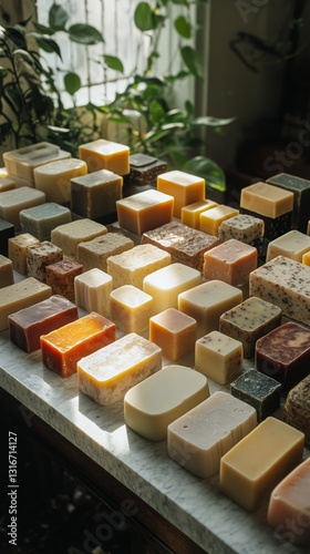 Handmade Soap Varieties Displayed in an Artisanal Workshop on a Sunny Day