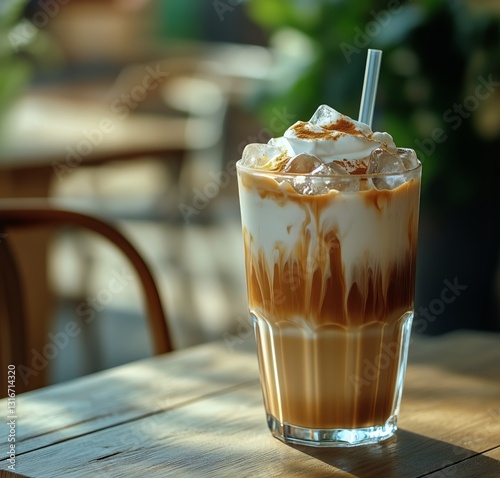Delicious Iced Coffee Drink With Layers of Cream and Ice Served in a Glass