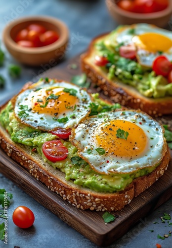 Delicious Avocado Toast Topped With Sunny Side up Eggs and Fresh Herbs Served...