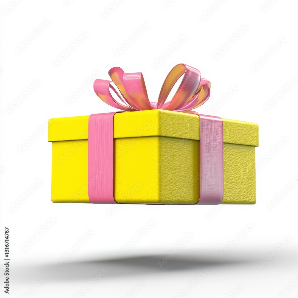 Obraz premium Bright yellow gift box elegantly adorned with a pink ribbon sitting on a table ready for special occasion unwrapping