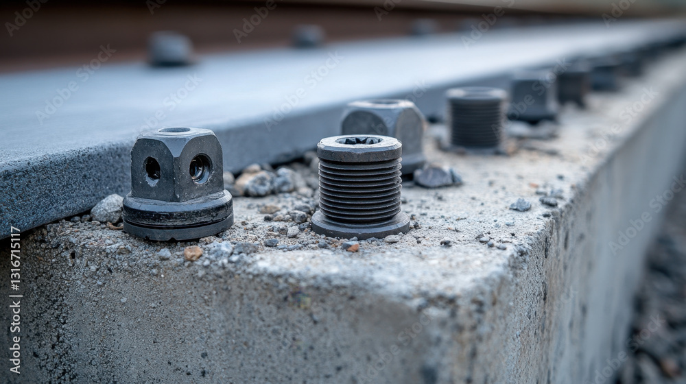 Detailed view of fastening system elements embedded in concrete, ensuring structural integrity of construction installations Detailed view of fastening system elements embedded in concrete, ensuring structural integrity of construction installations