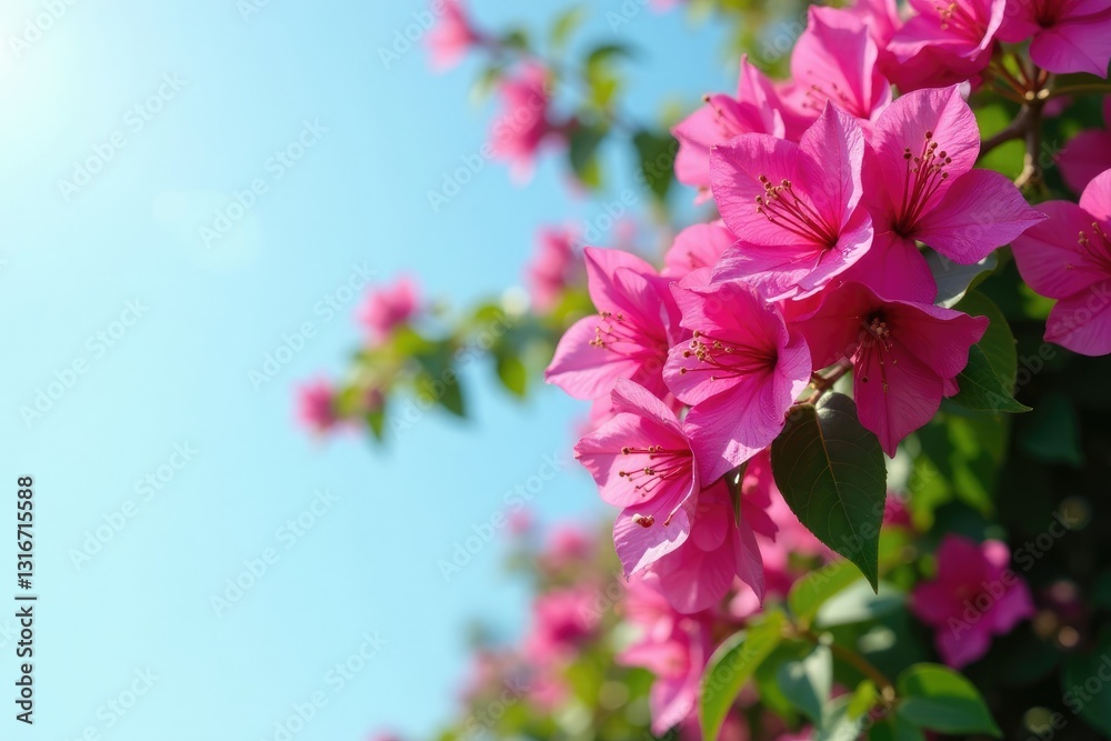 Obraz premium Colorful Bougainvillea blooms with green leaves against light blue sky, pink flowers, garden, clusters
