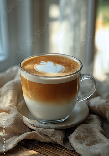Creamy Coffee With Latte Art Served in Glass Cup on a Wooden Table Near Windo...