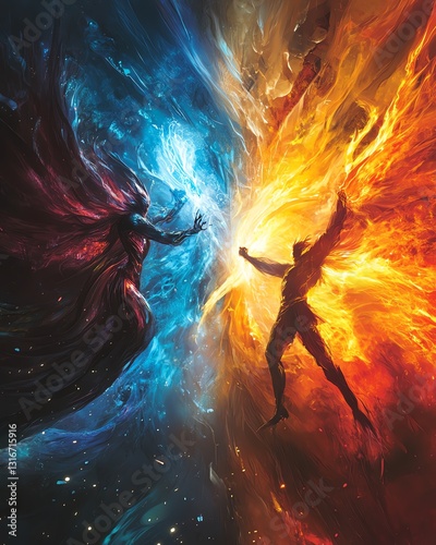 Worms-eye view of a fierce battle between a glowing hero and a shadowy villain, vibrant colors collide, dynamic energy surrounds them, surreal storytelling nuances arise