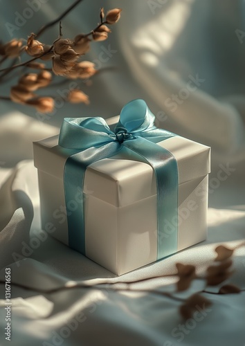 Elegant Gift Box With Blue Ribbon Surrounded by Dried Flowers in Soft Lighting