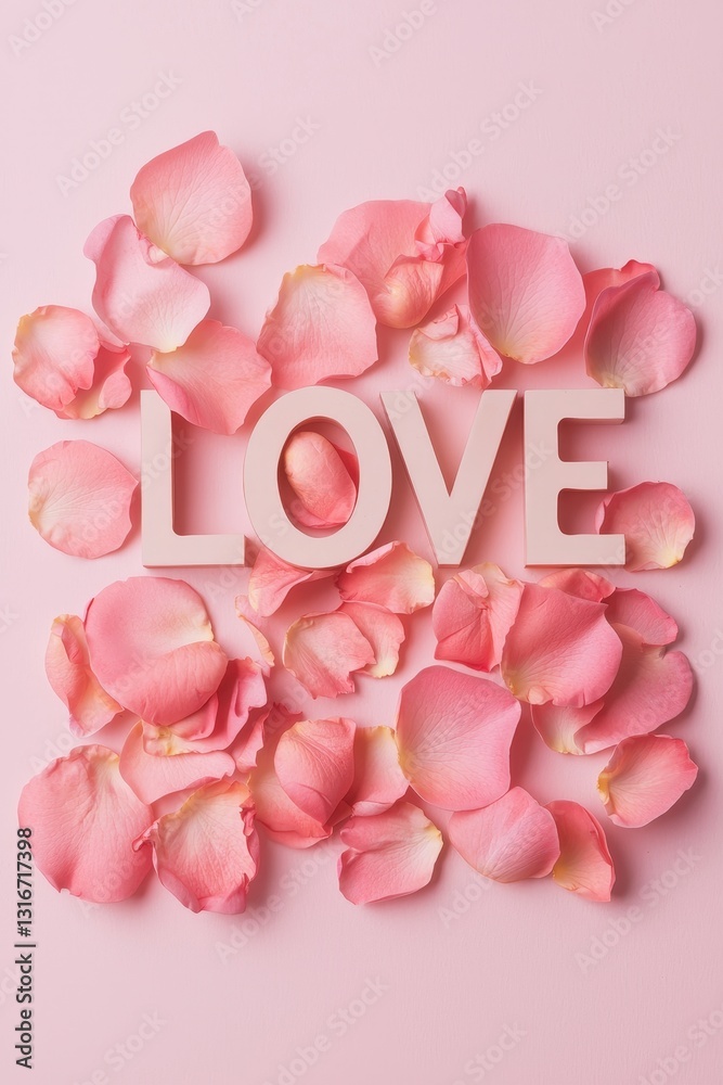 Fototapeta premium Romantic love display with petals soft pink background floral arrangement intimate setting close-up view emotive concept