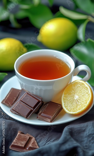 Warm Cup of Tea With Lemon and Spices on a Dark Background
