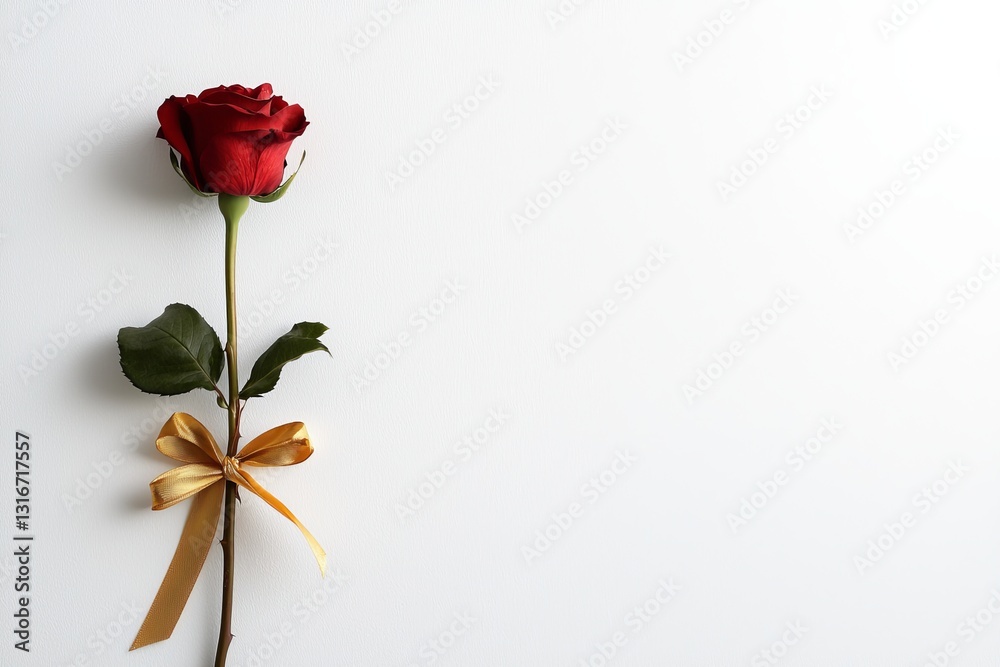 Fototapeta premium Elegant red rose with golden ribbon minimalist background floral photography indoor setting close-up love symbolism
