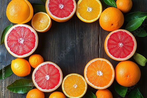 Fresh Citrus Fruits Arranged in a Circular Pattern on a Wooden Surface With G...