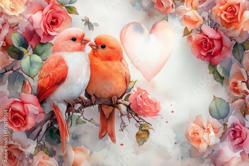 Love birds nesting amidst roses romantic garden digital art soft colors close-up nature’s beauty
