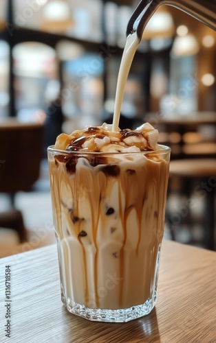 Pouring Milk Over Iced Coffee Topped With Caramel in a Cozy Cafe Atmosphere i...