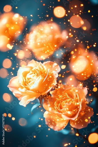 Vibrant orange roses blooming amidst sparkling lights nature floral art magical atmosphere close-up perspective