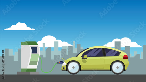 Vector or Illustrator of Yellow electric vehicle with an electric charging cabinet. With shadow of town under blue sky and white clouds.
