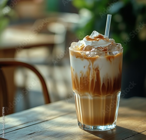 Iced Coffee With Whipped Cream and Nuts in a Cozy Cafe During Afternoon Light