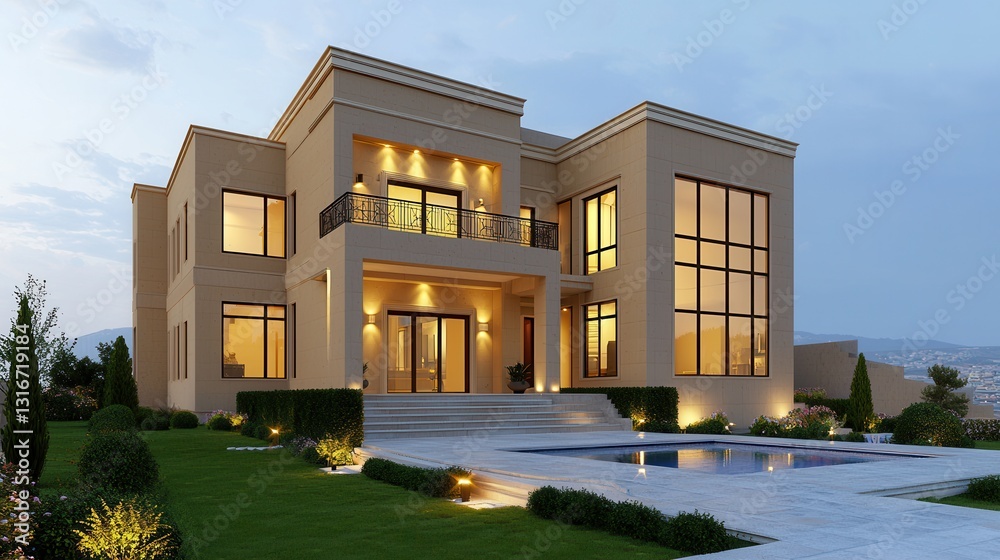 Fototapeta premium Modern Luxury House with Large Windows and Outdoor Swimming Pool at Dusk